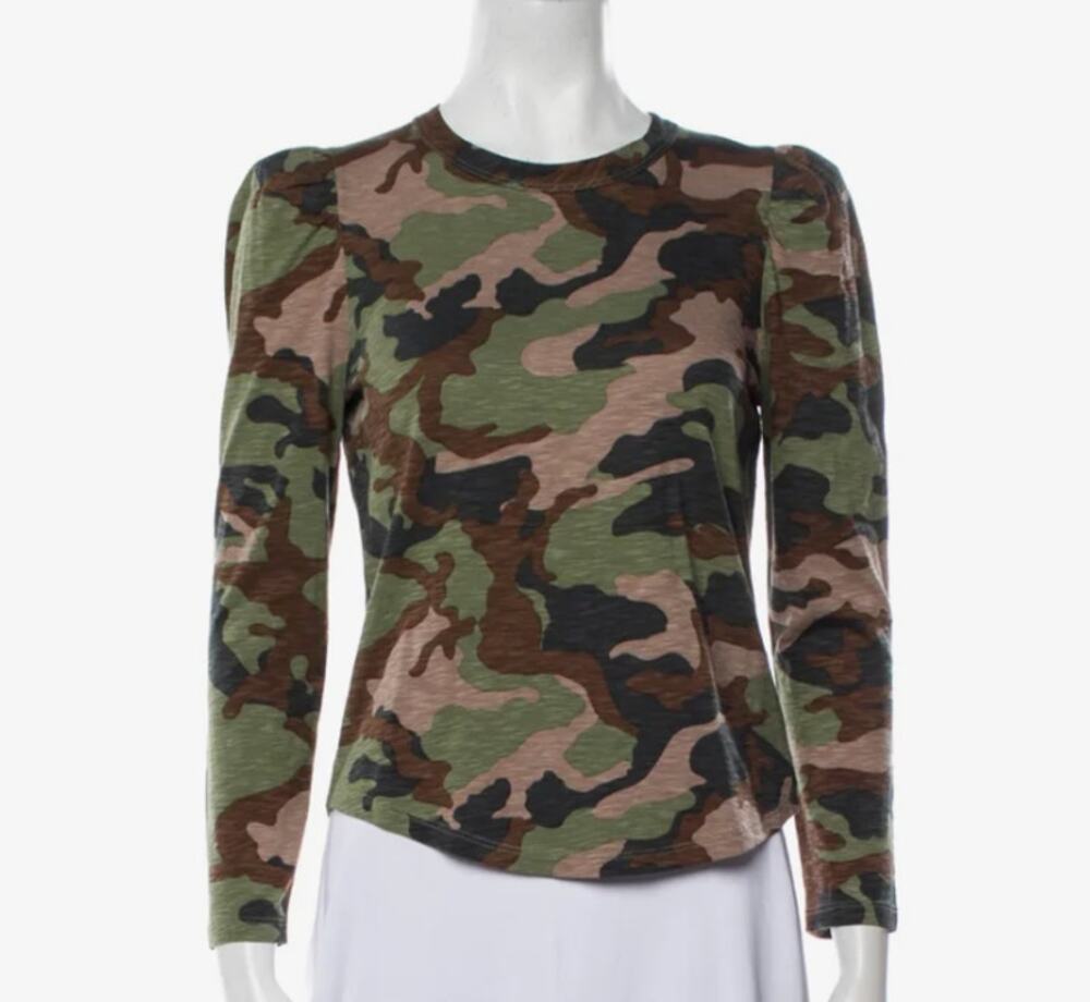 Veronica Beard Porter Camo Tee Sz M Puff Sleeve Crew Neck Pima Cotton
